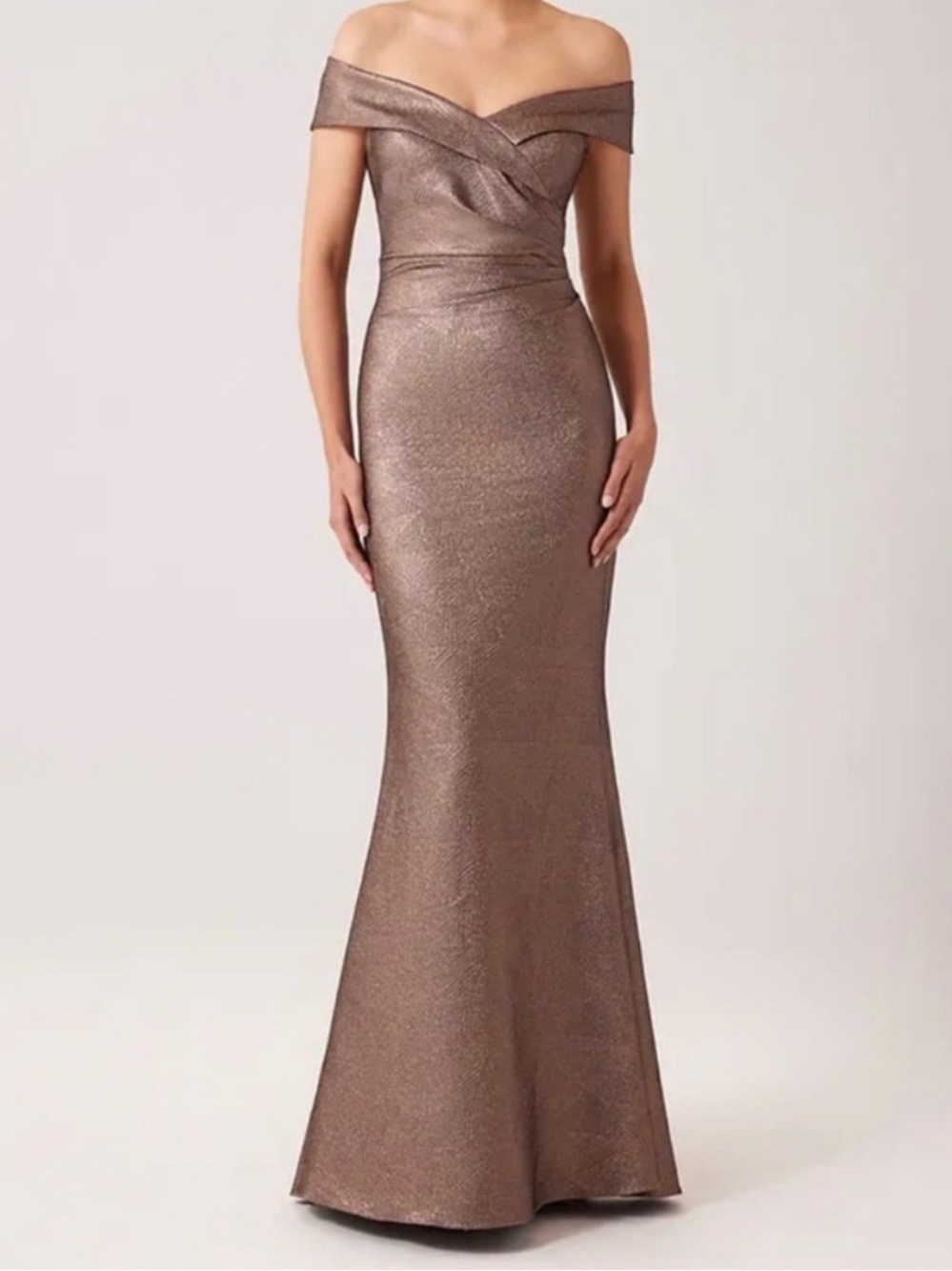 Teri Jon Metallic Jacquard Portrait Off Shoulder Gown in Bronze, SZ 6P